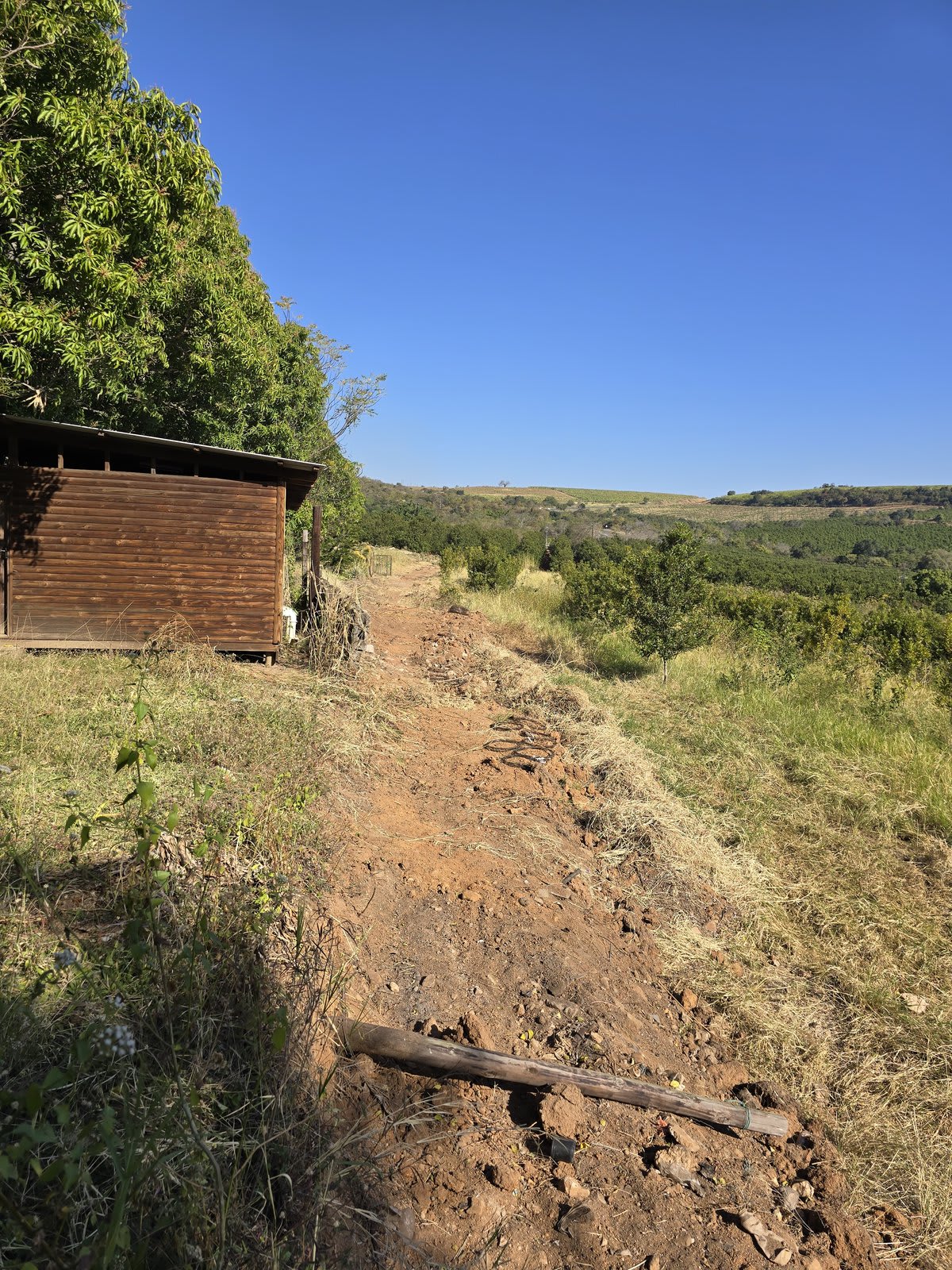 A dirt path winding past a small wooden cabin at Kanaan, with the Lowveld escarpment opening out in the distance.