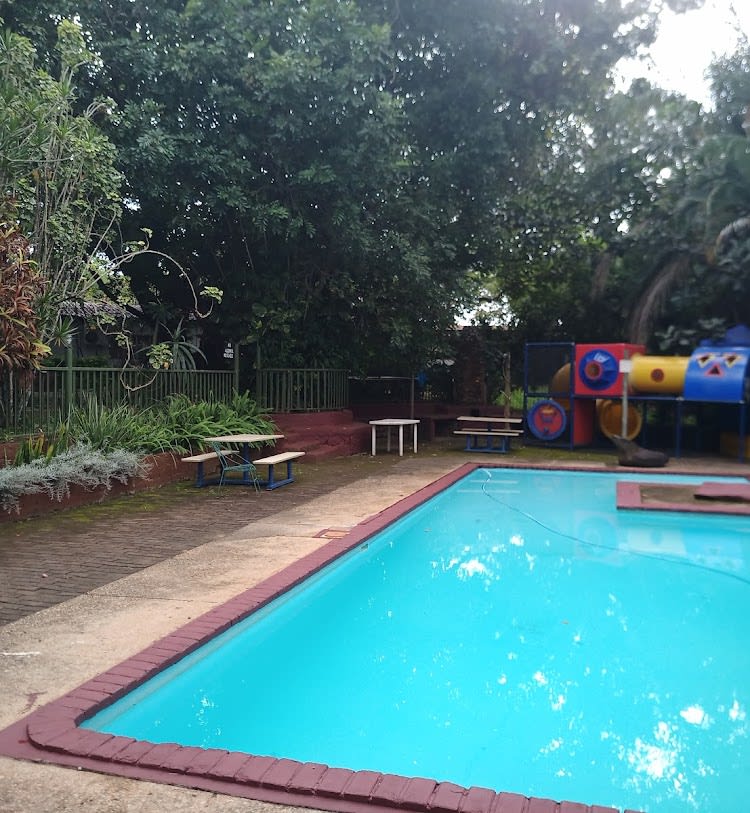 The pool at Kanaan from the other side — brick edge, palms, the kids' play structure beyond.